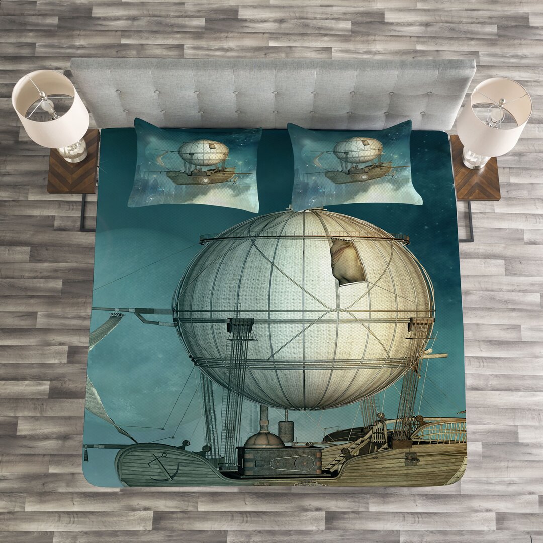 Gestepptes Bettdecken-Set, futuristisch Airship, Steampunk, Blau Tan