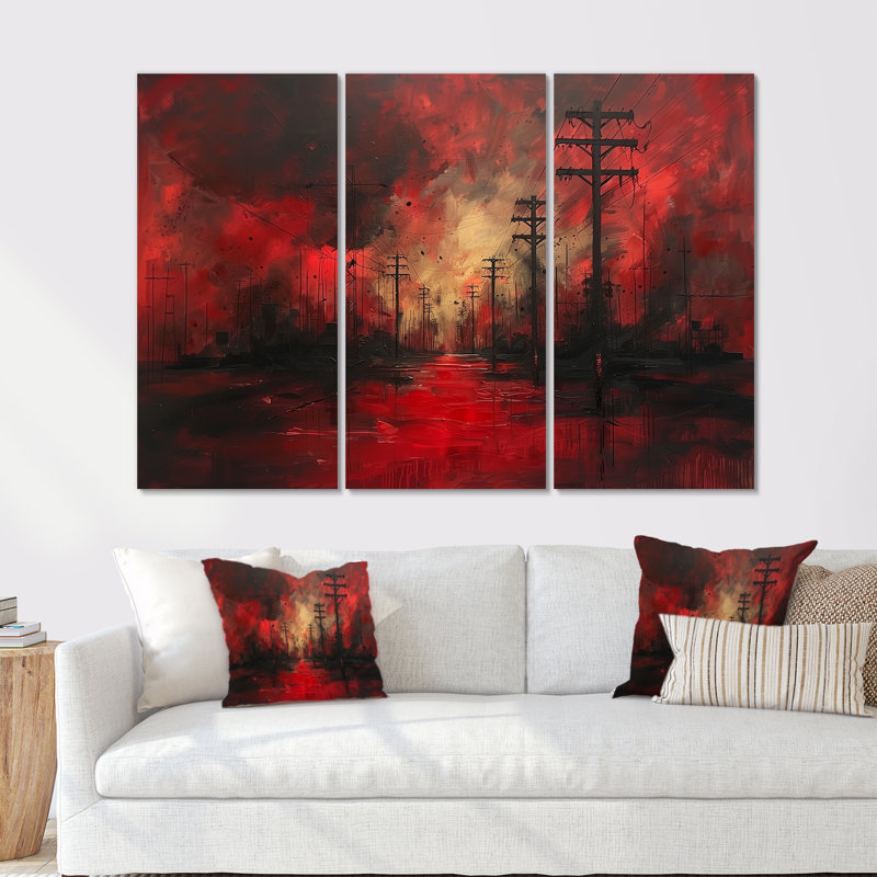 Rouge, noir, lignes électriques à l'obscurité III - ensemble de décoration murale lignes électriques, Toile tendue