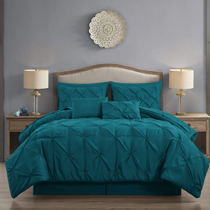 10-Piece Pintuck Bed in a Bag Comforter Set with Sheets and Decorative Pillows, King Comforter + 9 Additional Pieces, Teal