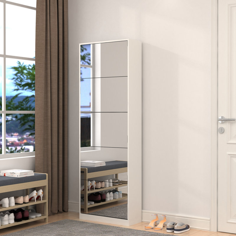 Armoire de rangement pour chaussures moderne avec miroir pour couloir étroit et entrée, Blanc