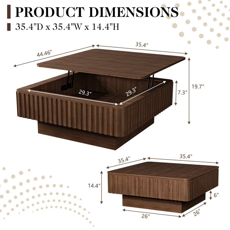 Table basse à plateau relevable avec lumière DEL, table basse carrée en bois extensible avec station de chargement et de rangement cachée, table de thé centrale cannelée en placage de bois massif