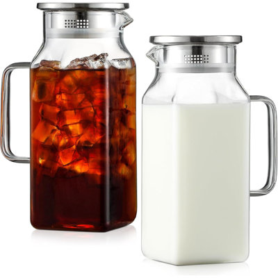 2 Pack 1.2 Litres Square Glass Pitcher With Lid And Handle For Fridge Iced Tea And Coffee Carafe Storage Container Resistant To Hot And Cold Borosilicate Jug
