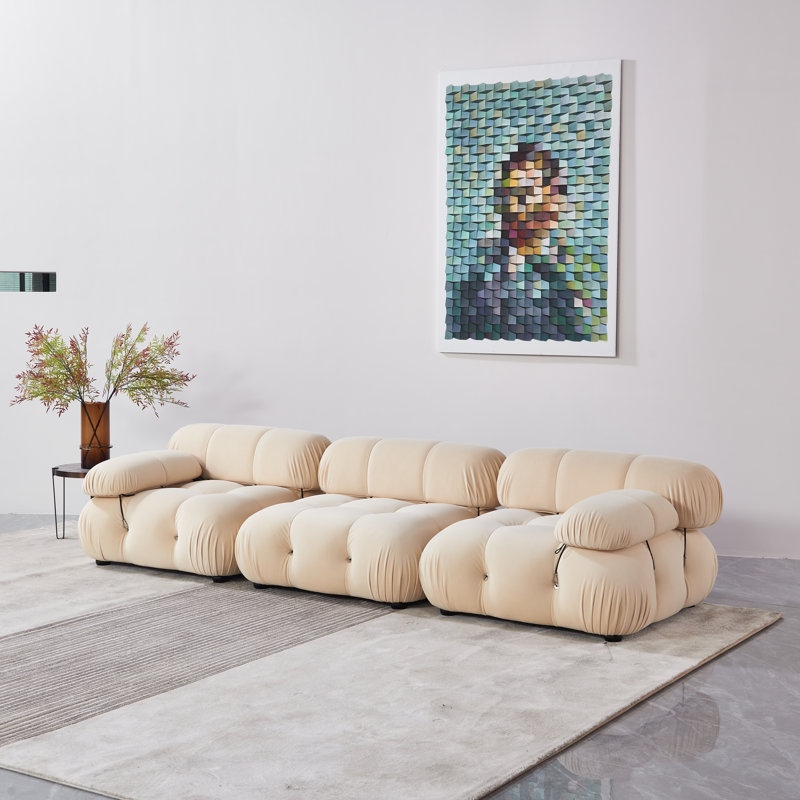 Leeven Upholstered 76'' Loveseat, 26.7" H x 114" W x 38" D, Beige Velvet