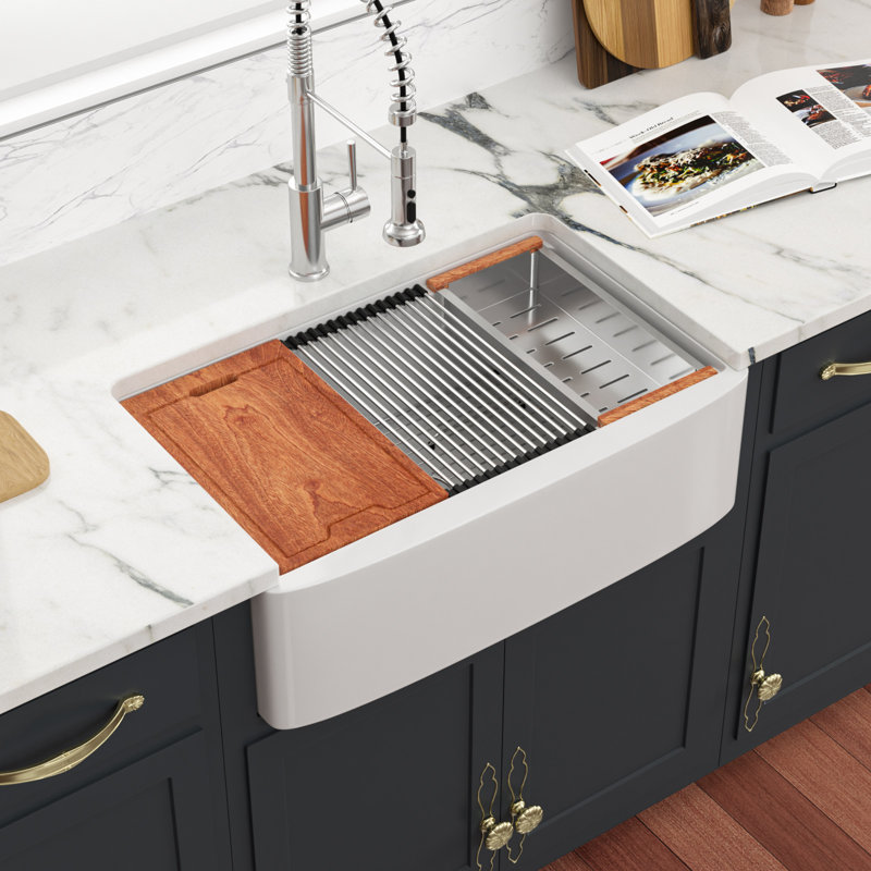 Évier de cuisine en céramique blanc à tablier frontal avec station de travail et accessoires L 33 po x l 21 po, Argent argent