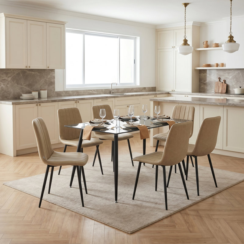 59.1" Rectangular Glass Table And Six PU Leather Dining Chairs For Kitchen, Dining Room, Living Room