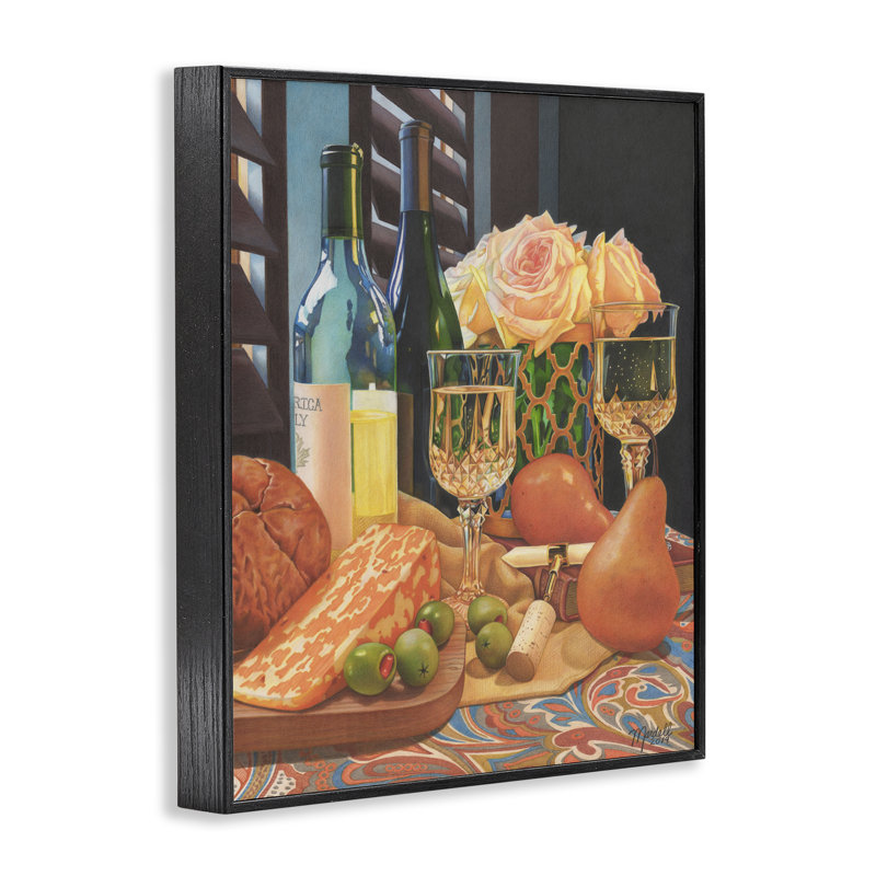 Art romantique du vin et du fromage par Mardell Schuster, Giclée encadrée noir minuit, H 14 po x l 11 po