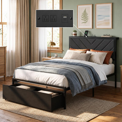 Twin Size Bed Frame with Storage Drawer and Charging Station
