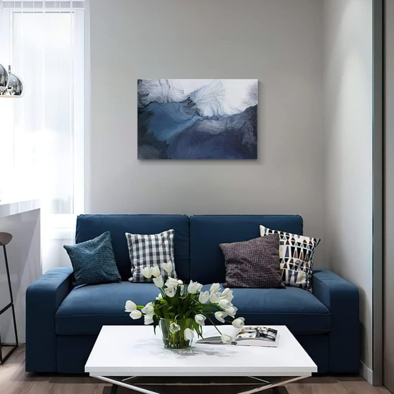 Toile, art mural, peintures abstraites, bloc et ligne bleu marine, graffiti est comme l'eau qui coule sur fond blanc, œuvre d'art moderne, décor pour le salon, la chambre à coucher, la cuisine