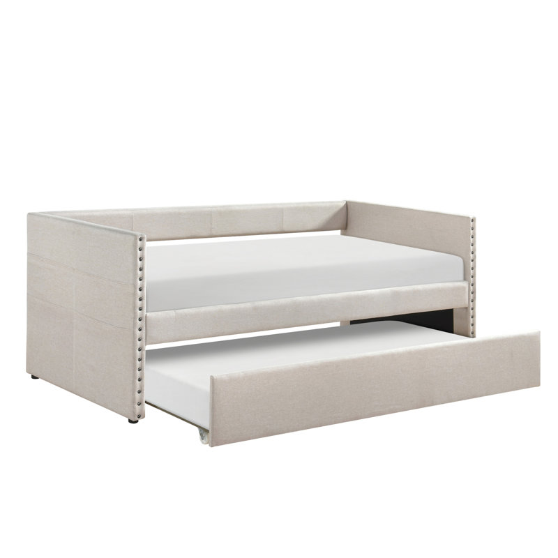 Modern Daybed Pull-Out Trundle Side Pockets Beige Upholstery Nailhead Trim Bedroom Living Room Furniture 1Pc, Beige