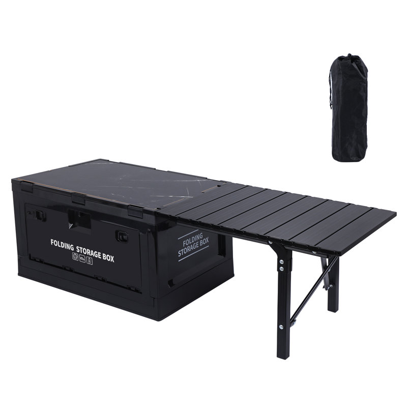 Folding Table, Storage Bin with Table, Collapsible Storage Box with Table, Organizing Containers Plastic with Wood Lid and 2 Side Doors, Stackable Organizer