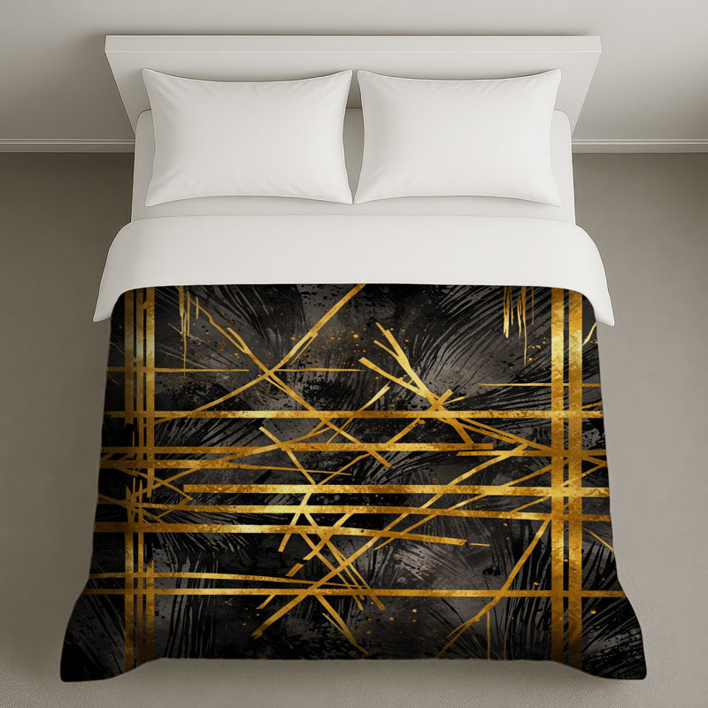 Gold Black Abstract Lines Duvet Covers, Queen