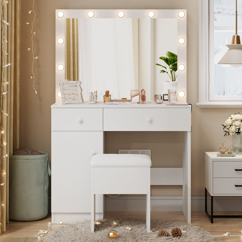 Meuble-lavabo avec miroir éclairé, 2 tiroirs, armoire et prises de courant Carlno