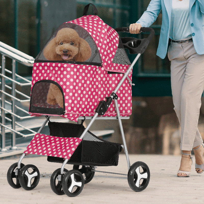 Hot Pink Polka Dot Foldable Dog Stroller with Steel Frame