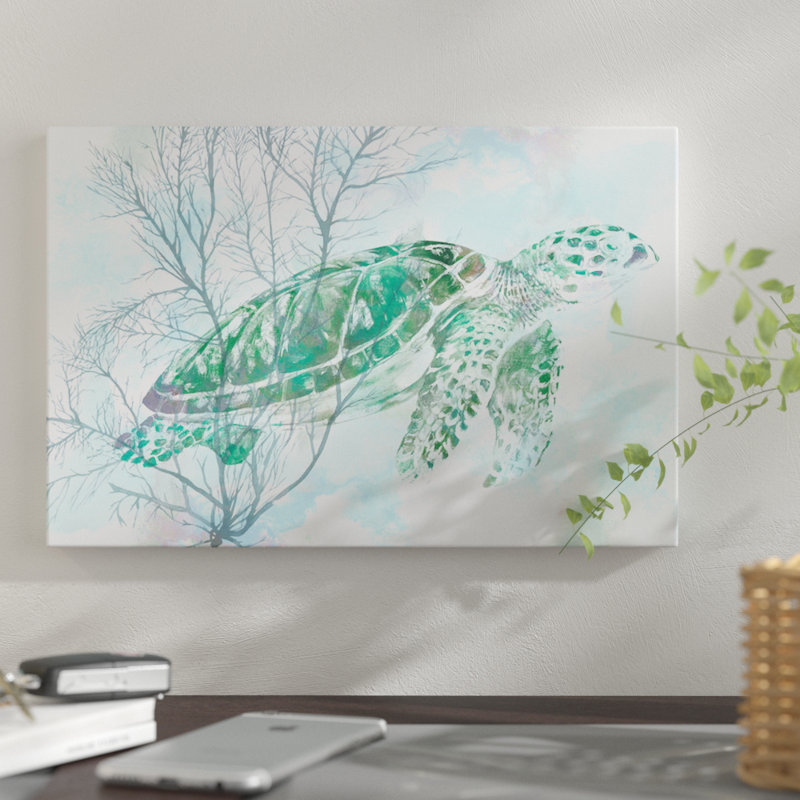 « aquarelle sea turtle i », impression sur toile, H 40 po x l 60 po x P 1,5 po, Toile avec cadre noir, Pas de tapis