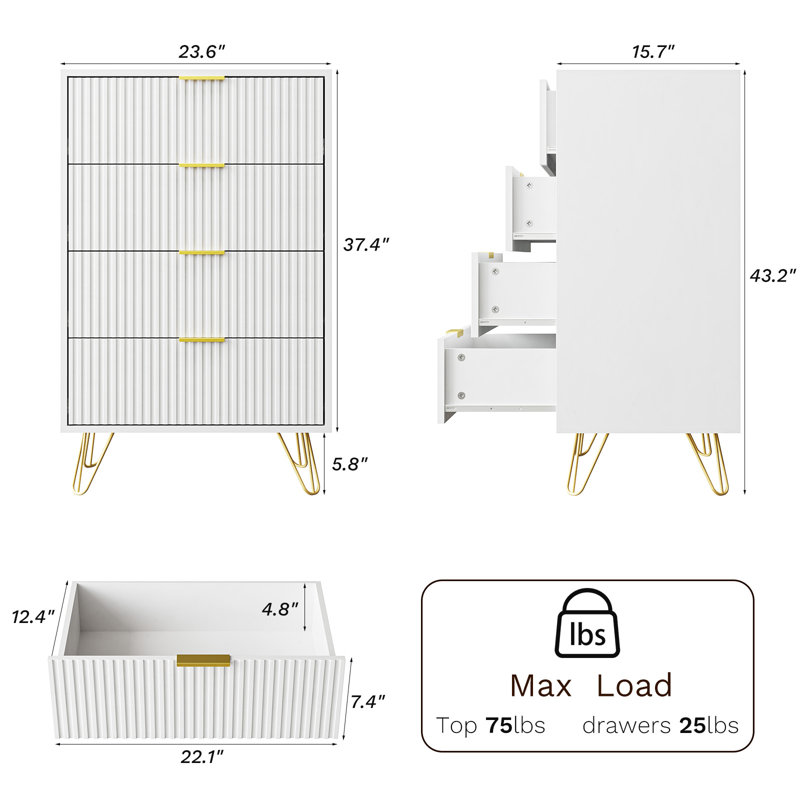 Veledin 23.6'' W 4 - Drawer Dresser, White