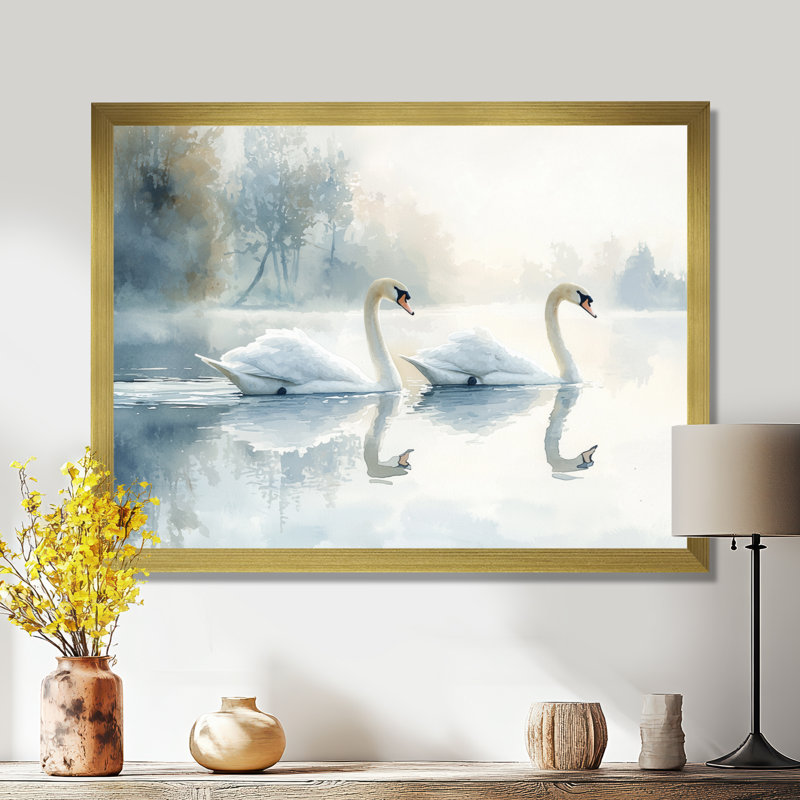 «Drizzt Tranquility Swans On The Lake III», art mural oiseau, H 12 po x l 20 po, Avec cadre, Doré