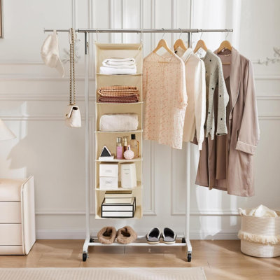6 Tier Shelf Hanging Closet Organizer, Cloth Hanging Shelf With 2 Sturdy Hooks For Storage, Foldable (Beige)