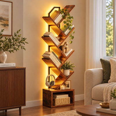Bibliothèque en forme d'arbre à 6 niveaux avec éclairage DEL RVB et rangement intégré, bois vintage