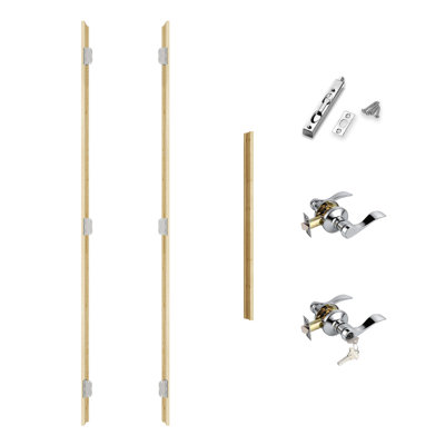 Ensembles de cadre de porte française en bois de pin pour hauteur de 80 po, hauteur réglable (pour un maximum de 72 po de largeur), assemblage requis, comprend 6 charnières à ruban, bandes d'étanchéité de porte, loquet supérieur pré-percé et leviers