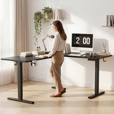 Reversible L Shaped Standing Desk, Height Adjustable with Cup Holder, Electric Corner Computer Workstation, Sit Stand up Home Office, Ergonomic Gaming, White