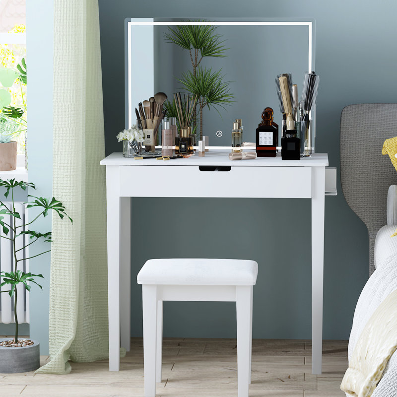 Coiffeuse blanche avec miroir, DEL à intensité variable et 1 tiroir de rangement pour cosmétiques pour bureau de coiffeuse de chambre à coucher