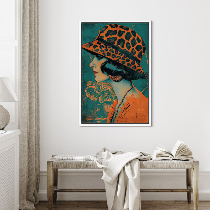 Élégance léopard orange, chapeau, dame, mode, BCBG, décoration de chambre, impression sur toile encadrée, Cadre blanc