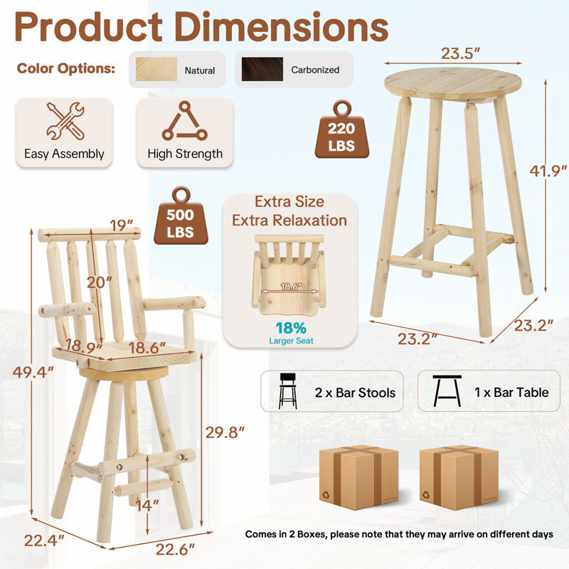  3 Piece Outdoor Swivel Adirondack Bar Set, 41.9" Patio Log Bar Height Table & 2 Bar Stools With High Back, 500 Lbs Heavy Duty Wooden Bar Stools Set For Deck Pub Garden Backyard, Natural