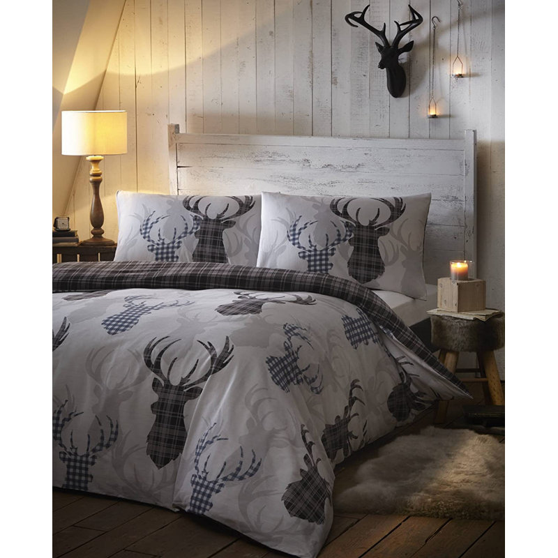 Hinnant Tartan Check Stag Easycare Reversible Duvet Cover Set, Double Duvet Cover + 2 Standard Pillowcases , Grey