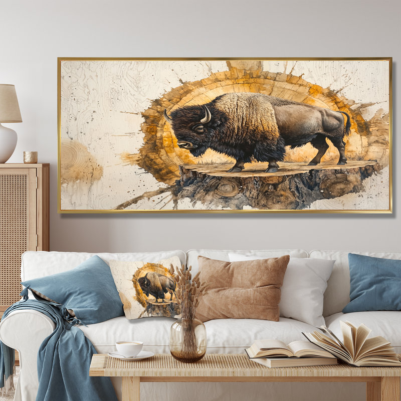 Portrait de bison américain Mareda sur glissade sur bois - art mural grand bison, H 28 po x l 60 po, Cadre flottant, Naturel