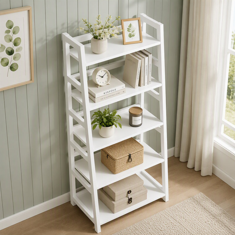 Bibliothèque à 5 niveaux, étagère de rangement échelle, Blanc