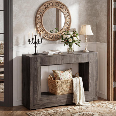Console en MDF avec tiroir, fini chêne, idéale pour une entrée, un couloir étroit, un hall d'entrée, un salon ou comme table de rangement derrière un canapé, style campagnard, pour clés, courrier, objets de décoration, lampes, livres et autres articles essentiels.