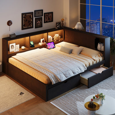 Queen Size Storage Daybed With Shelves And 2 Drawers, Solid Pine Wood Sofa Bed, Guest Bed With Led Light, Usb Charging Station & Power Outlets For Space-Saving Bedroom Or Living Room