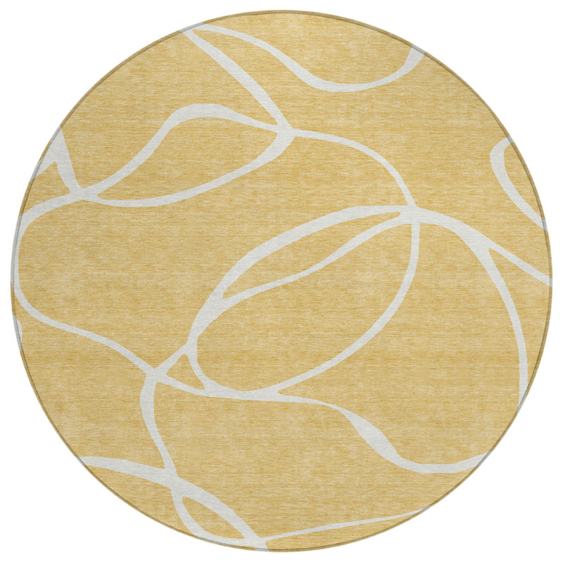 Tapis intérieur rond lavable abstrait doré et ivoire 8 pi
