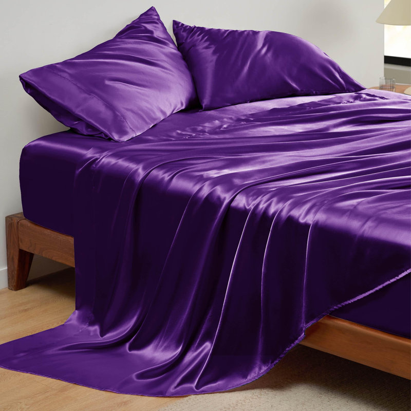 Bedsure Satin Sheet Set Full Size - 4 Piece Silky Bedsheets with 15" Deep Pocket (Full, Teal), Full, Enamel Blue