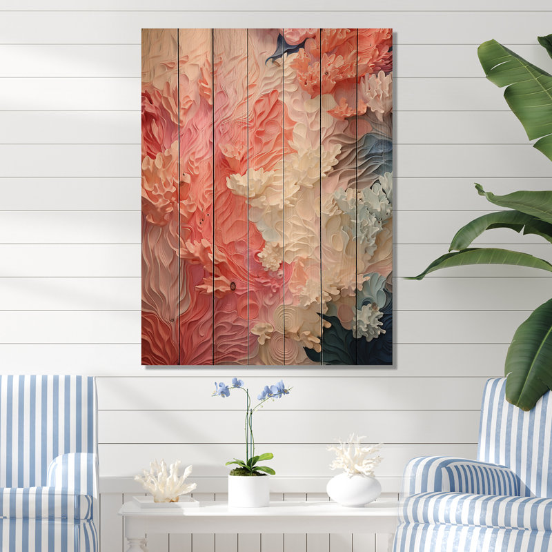 Collage de corail rose et blanc - corail sous l'eau, art mural sur bois de pin naturel, H 32 po x l 24 po