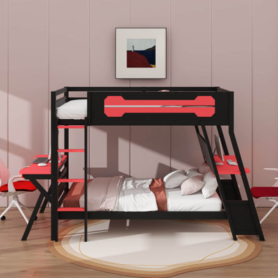 Twin Size Gaming Bunk Bed With 2 In-Built Desks, Desktop USB Connectors, And Pegboard Organizer