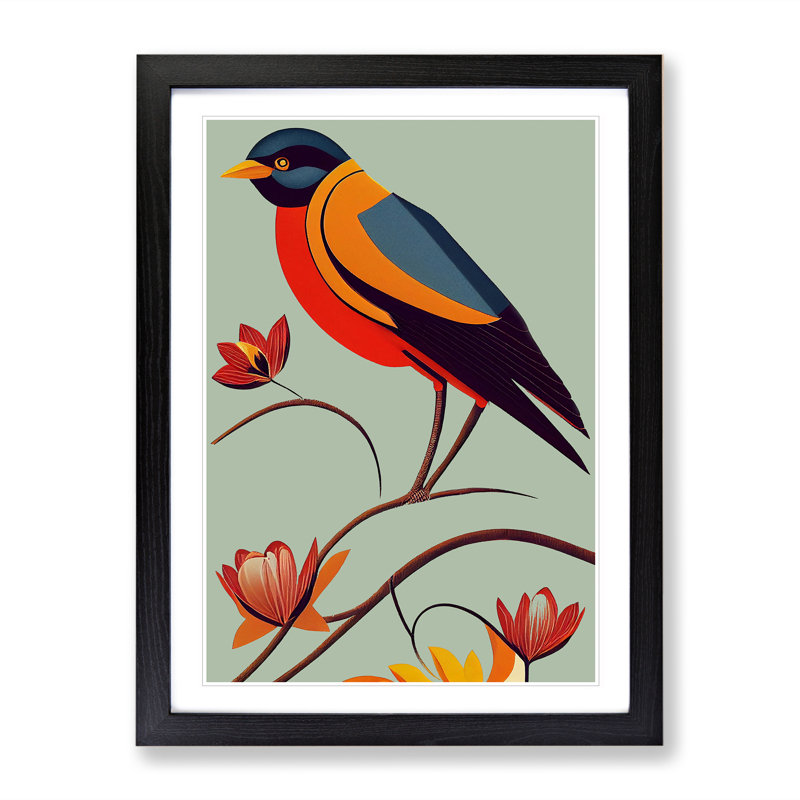 Cheerful Bird - Wall Art, Black Framed, 36cm H x 27cm W x 2cm D, White