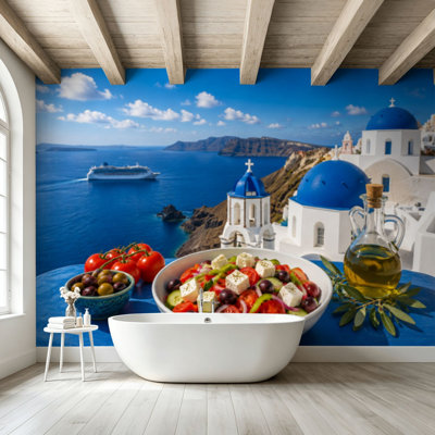 Peel and Stick Wallpaper Wall Mural Greek salad Santorini island Greece Wall Art Self Adhesive and Removable