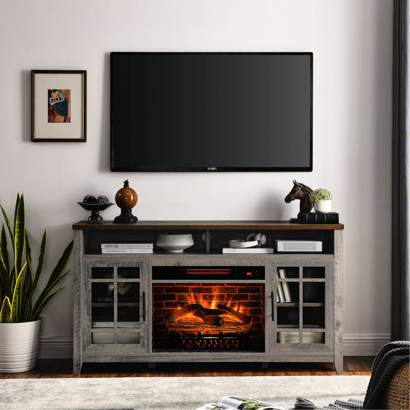 Meuble télé gris pour foyer électrique 55 po. Chaufferette 1500W. Flamme réaliste avec réglage de la luminosité. Caractéristiques. Télécommande infrarouge. Spacieux