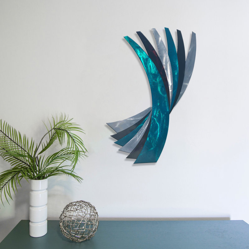Handmade Modern Abstract Wall Decor on Metal, Candy Teal/Metallic Black/Polished Silver