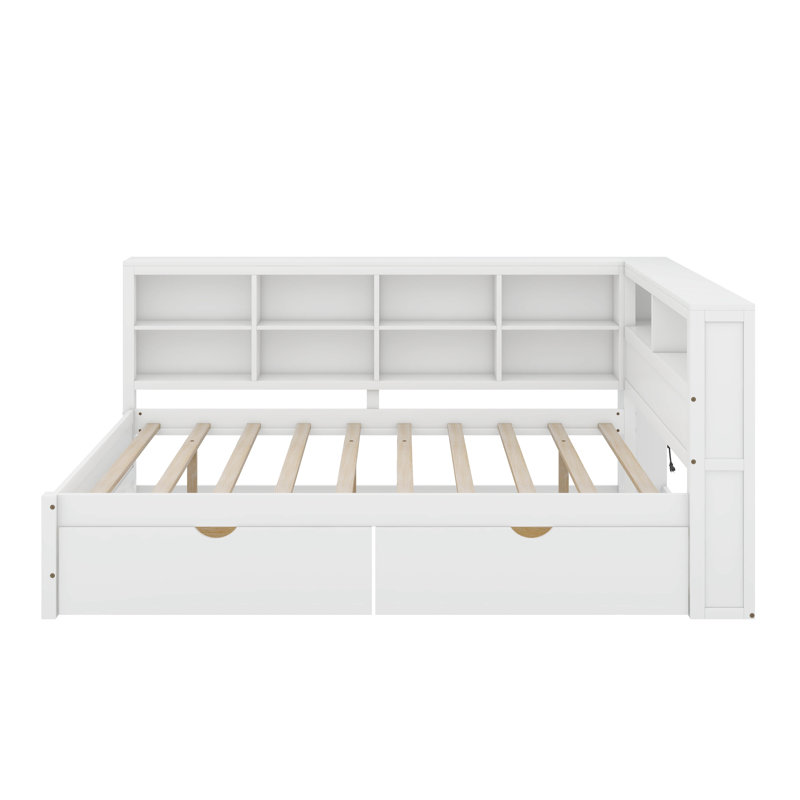 Wooden Full Daybed With 2 Drawers, Shelf And USB Charging Ports, White