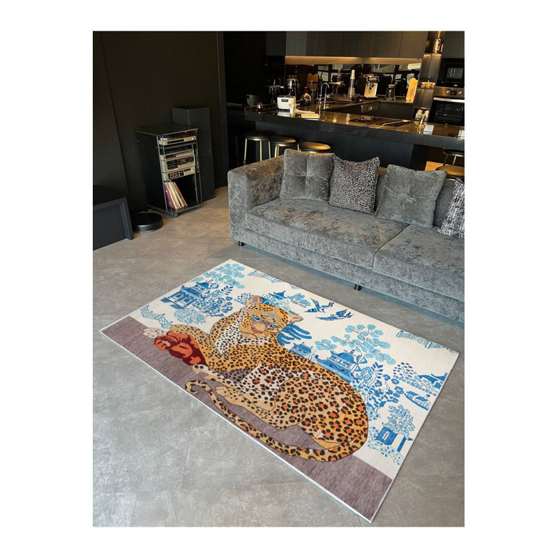 Tapis lavable tigré à dossier tigré bleu, Sous-tapis rectangulaire 3 pi 11 po x 5 pi 11 po i