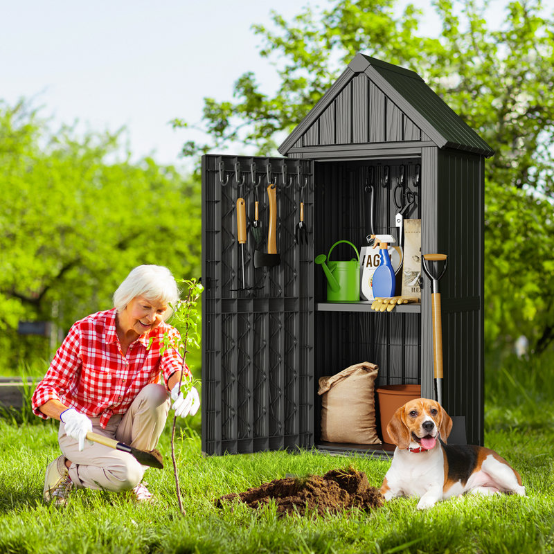 Outdoor Resin Storage Cabinet with Hooks and Lock Ring, Dark Gray