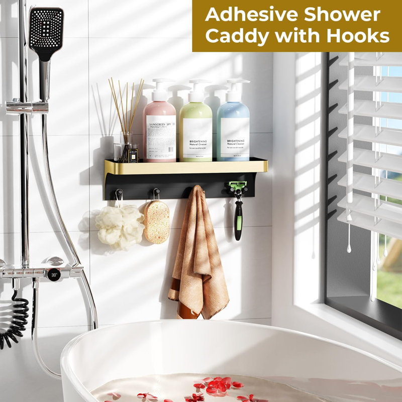 Adhésif pour chariot de douche avec 5 crochets, drainage, sans perçage, organisateur de support de tablette de salle de bain mural en plastique, support de rangement de douche à l'intérieur pour accessoires de salle de bain, tablettes de salle de bain antirouille