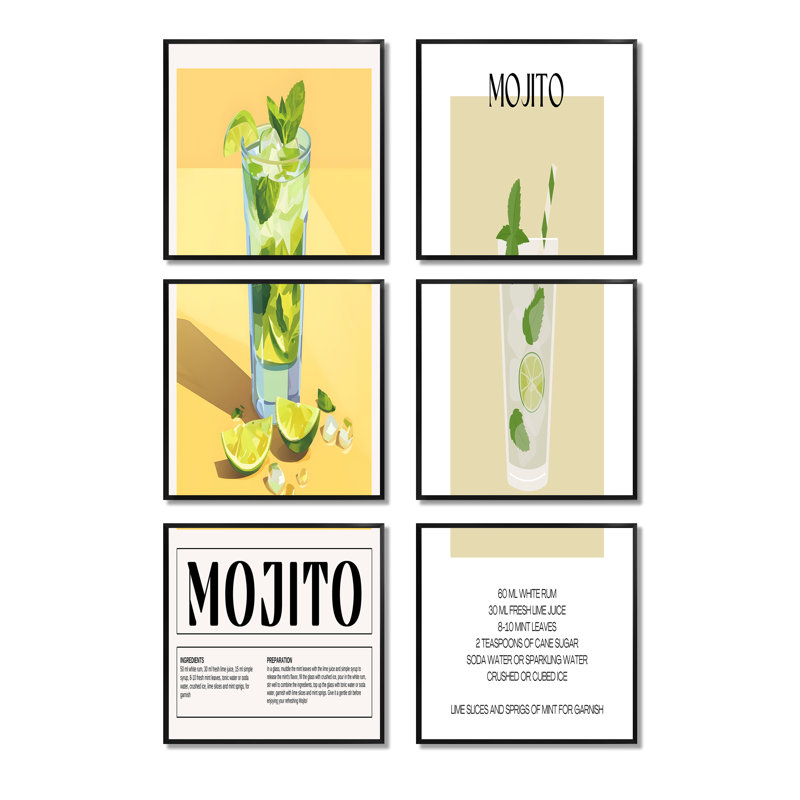 Ensemble de 6 reproductions d'art Mojito, Noir, Impression encadrée sans passe-partout