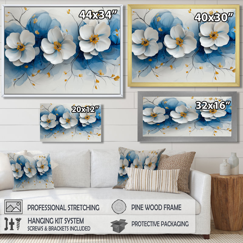 Velours cerisier en fleurs bleu Simplicity III - art mural fleur de cerisier, H 12 po x l 20 po, Cadre flottant, Brun