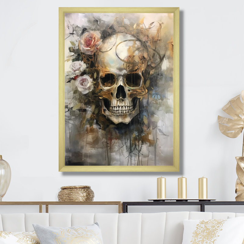 " Skull Blooming Roses ", 20" H x 12" W x 1" D, Gold Picture Framed