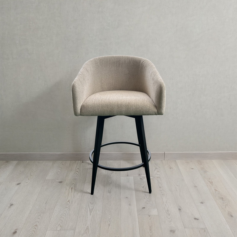 Tabouret de bar pivotant à assise cylindrique et base en métal, recouvert de tissu champagne, Barrel Seat