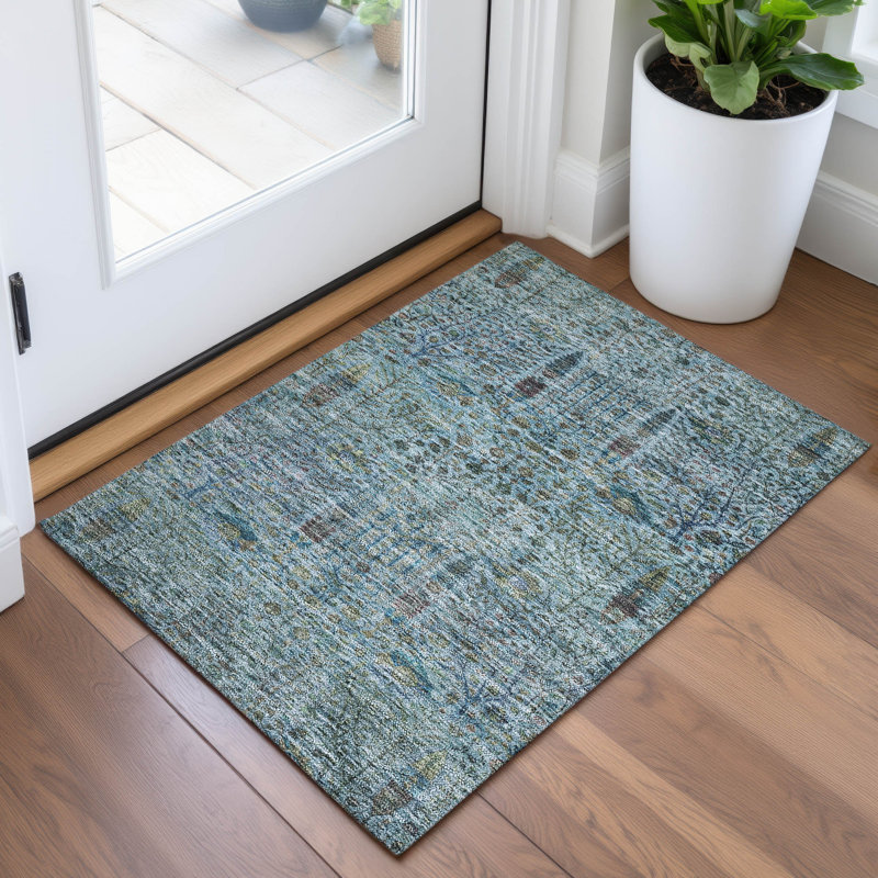 Tapis bleu sarcelle lavable à la machine intérieur / extérieur Xhevrie, Rectangle 1 pi 8 po x 2 pi 6 po