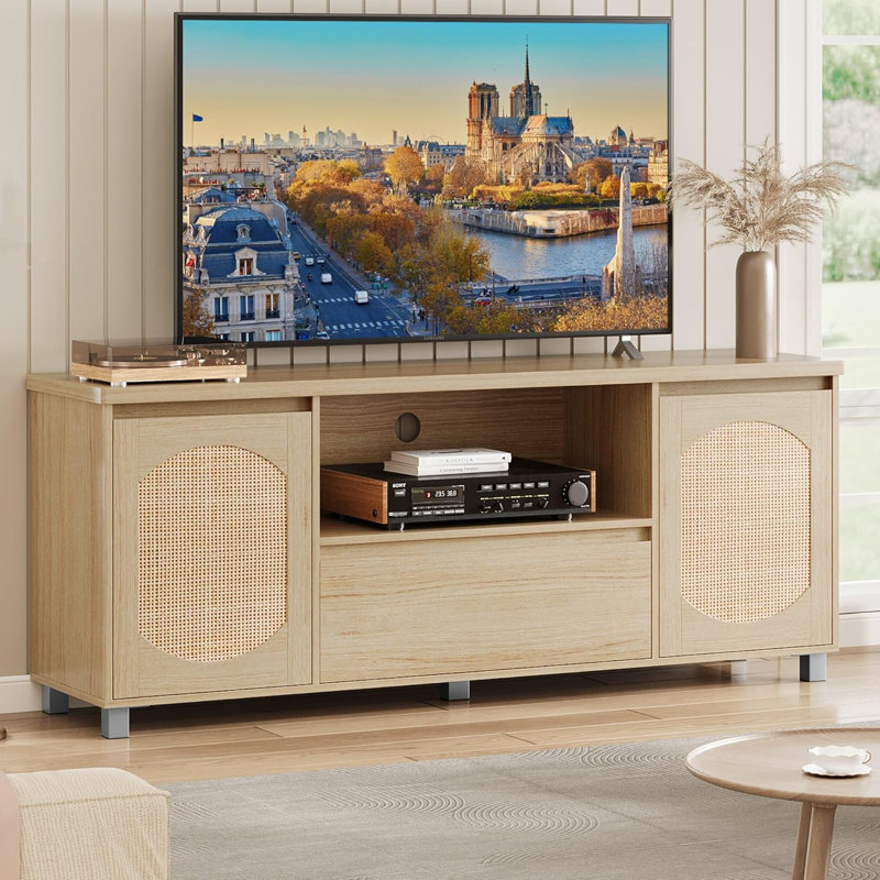Rattan TV Stand for TVs Up to up to 70", 63''W Entertainment Center with Storage Drawer and Open Shelves, TV Console Media Cabinet for Living Room